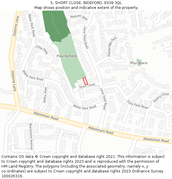 5, SHORT CLOSE, BIDEFORD, EX39 3QL: Location map and indicative extent of plot