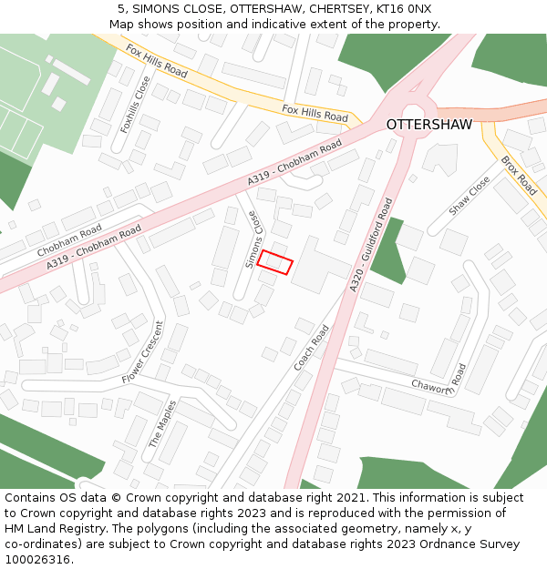5, SIMONS CLOSE, OTTERSHAW, CHERTSEY, KT16 0NX: Location map and indicative extent of plot