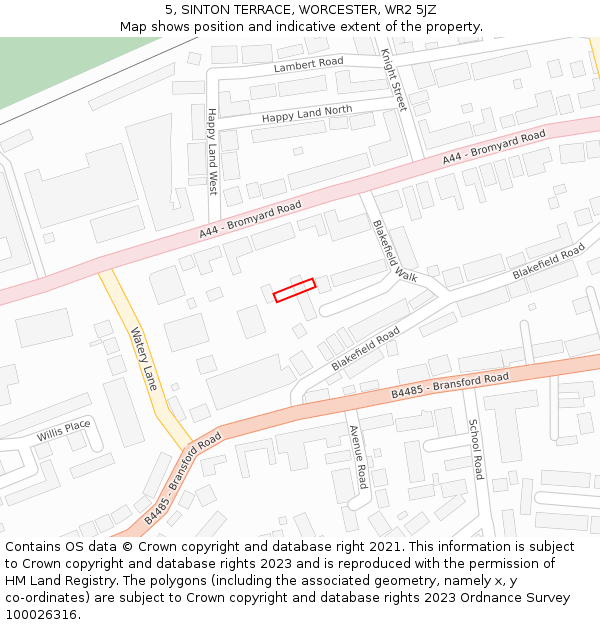 5, SINTON TERRACE, WORCESTER, WR2 5JZ: Location map and indicative extent of plot