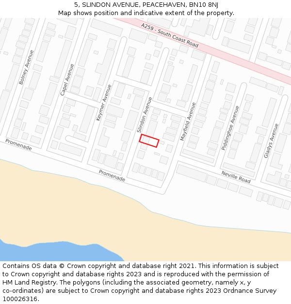 5, SLINDON AVENUE, PEACEHAVEN, BN10 8NJ: Location map and indicative extent of plot