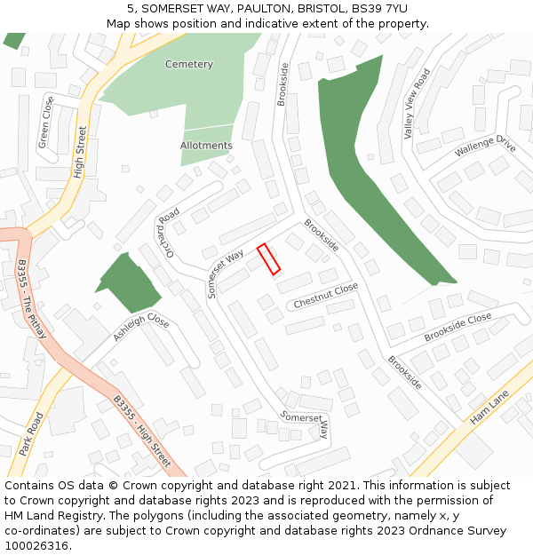 5, SOMERSET WAY, PAULTON, BRISTOL, BS39 7YU: Location map and indicative extent of plot