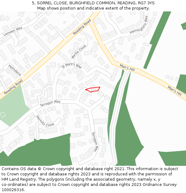 5, SORREL CLOSE, BURGHFIELD COMMON, READING, RG7 3YS: Location map and indicative extent of plot