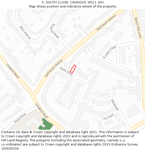 5, SOUTH CLOSE, CANNOCK, WS11 1EH: Location map and indicative extent of plot