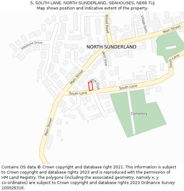 5, SOUTH LANE, NORTH SUNDERLAND, SEAHOUSES, NE68 7UJ: Location map and indicative extent of plot