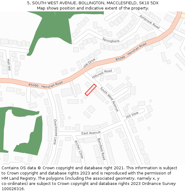 5, SOUTH WEST AVENUE, BOLLINGTON, MACCLESFIELD, SK10 5DX: Location map and indicative extent of plot