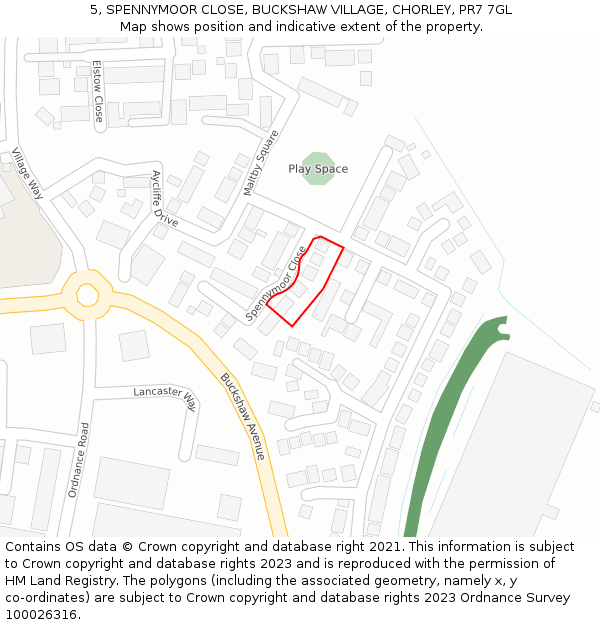 5, SPENNYMOOR CLOSE, BUCKSHAW VILLAGE, CHORLEY, PR7 7GL: Location map and indicative extent of plot