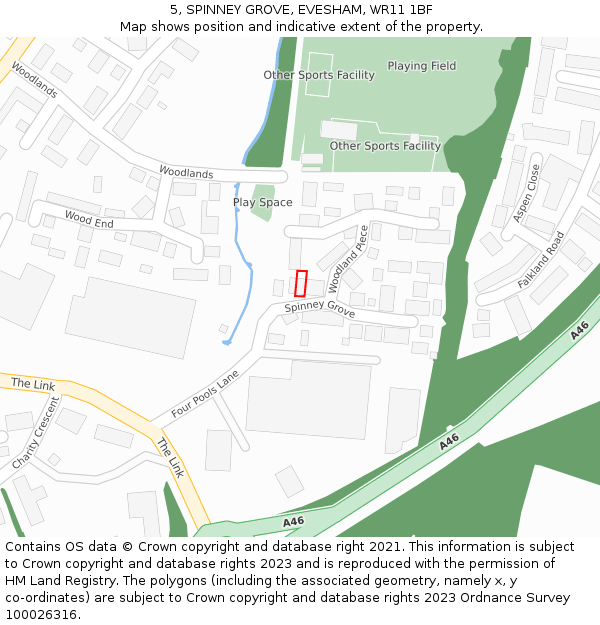 5, SPINNEY GROVE, EVESHAM, WR11 1BF: Location map and indicative extent of plot