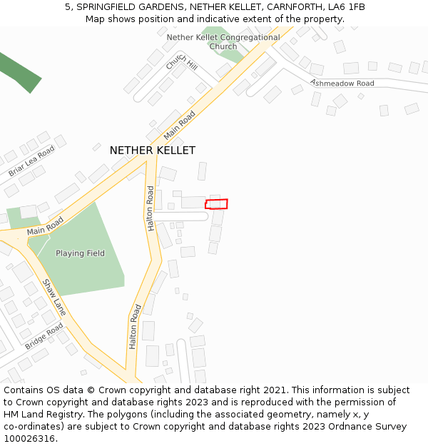 5, SPRINGFIELD GARDENS, NETHER KELLET, CARNFORTH, LA6 1FB: Location map and indicative extent of plot
