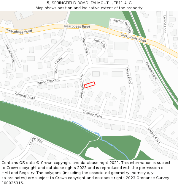 5, SPRINGFIELD ROAD, FALMOUTH, TR11 4LG: Location map and indicative extent of plot