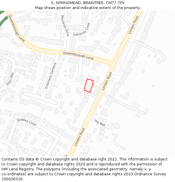 5, SPRINGMEAD, BRAINTREE, CM77 7PX: Location map and indicative extent of plot