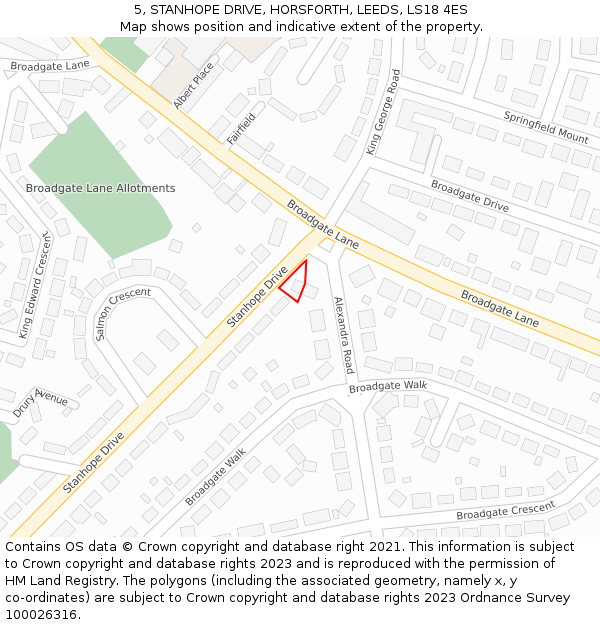 5, STANHOPE DRIVE, HORSFORTH, LEEDS, LS18 4ES: Location map and indicative extent of plot