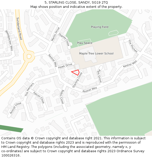 5, STARLING CLOSE, SANDY, SG19 2TQ: Location map and indicative extent of plot