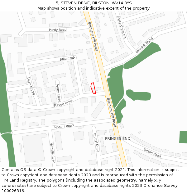 5, STEVEN DRIVE, BILSTON, WV14 8YS: Location map and indicative extent of plot