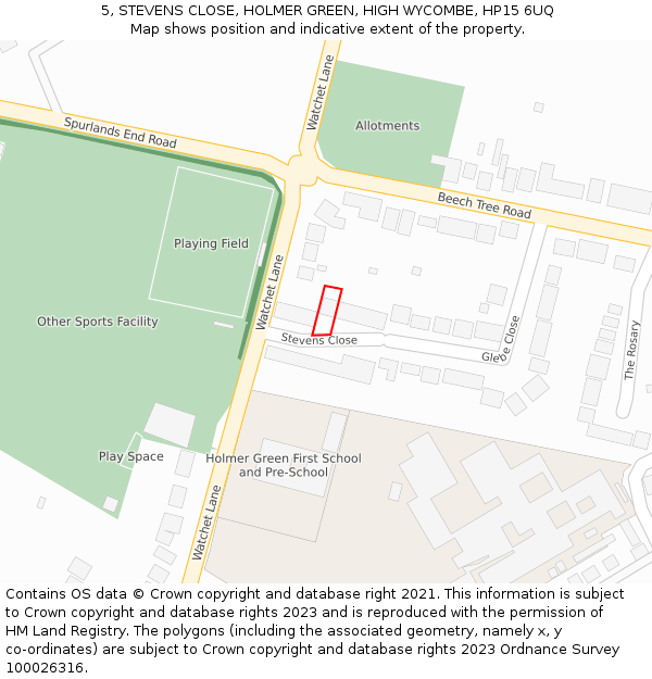 5, STEVENS CLOSE, HOLMER GREEN, HIGH WYCOMBE, HP15 6UQ: Location map and indicative extent of plot