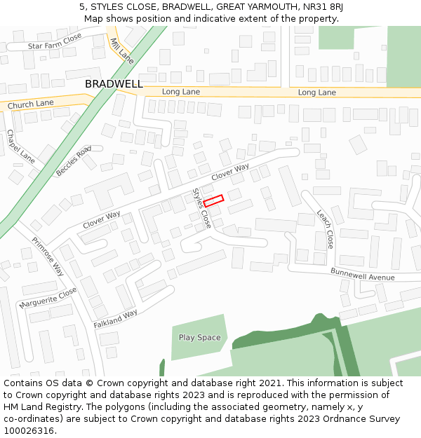 5, STYLES CLOSE, BRADWELL, GREAT YARMOUTH, NR31 8RJ: Location map and indicative extent of plot