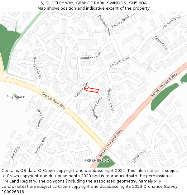 5, SUDELEY WAY, GRANGE PARK, SWINDON, SN5 6BA: Location map and indicative extent of plot