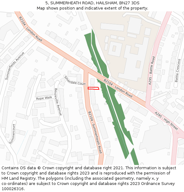 5, SUMMERHEATH ROAD, HAILSHAM, BN27 3DS: Location map and indicative extent of plot