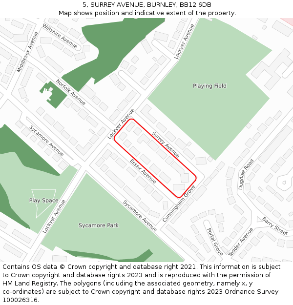 5, SURREY AVENUE, BURNLEY, BB12 6DB: Location map and indicative extent of plot