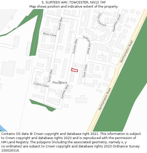 5, SURTEES WAY, TOWCESTER, NN12 7AF: Location map and indicative extent of plot