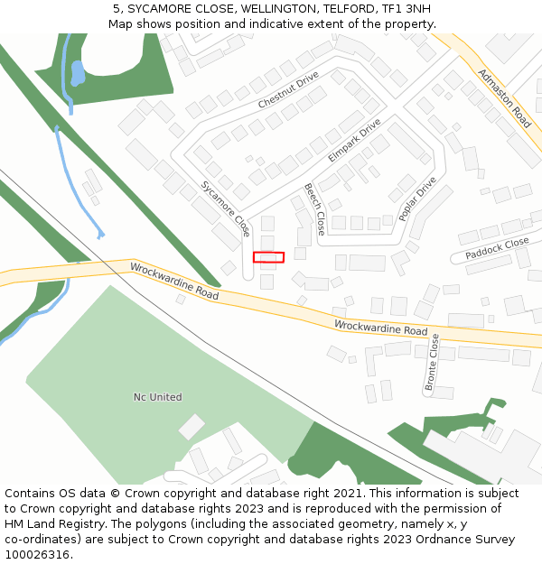 5, SYCAMORE CLOSE, WELLINGTON, TELFORD, TF1 3NH: Location map and indicative extent of plot