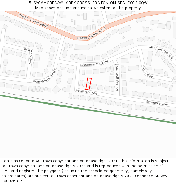 5, SYCAMORE WAY, KIRBY CROSS, FRINTON-ON-SEA, CO13 0QW: Location map and indicative extent of plot