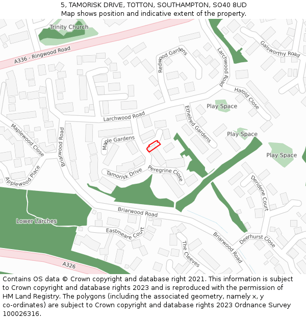 5, TAMORISK DRIVE, TOTTON, SOUTHAMPTON, SO40 8UD: Location map and indicative extent of plot