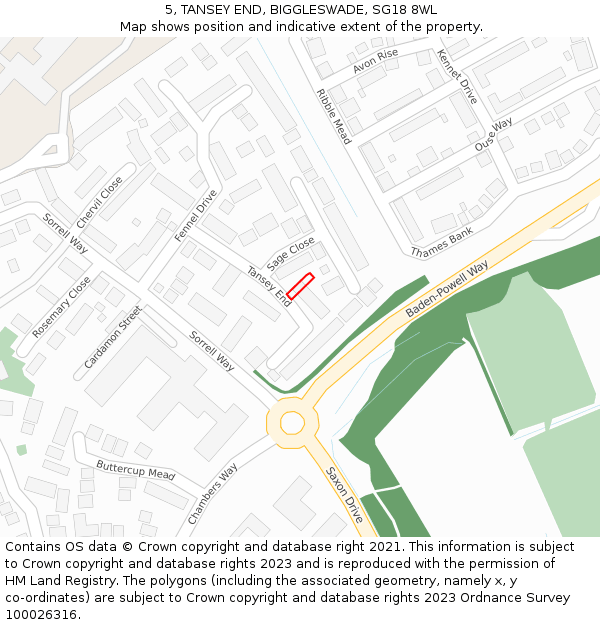 5, TANSEY END, BIGGLESWADE, SG18 8WL: Location map and indicative extent of plot