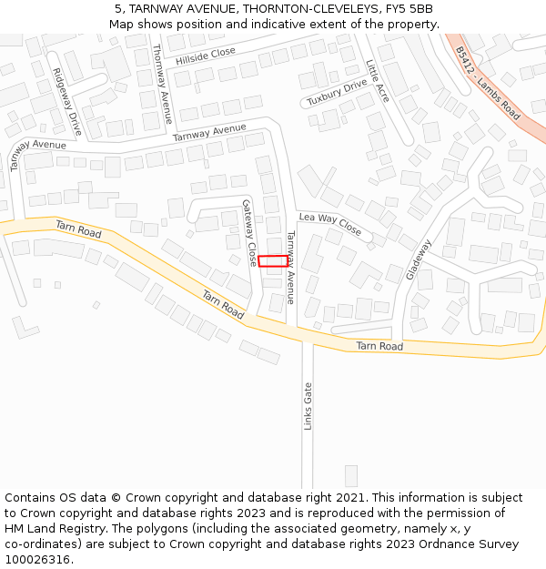 5, TARNWAY AVENUE, THORNTON-CLEVELEYS, FY5 5BB: Location map and indicative extent of plot