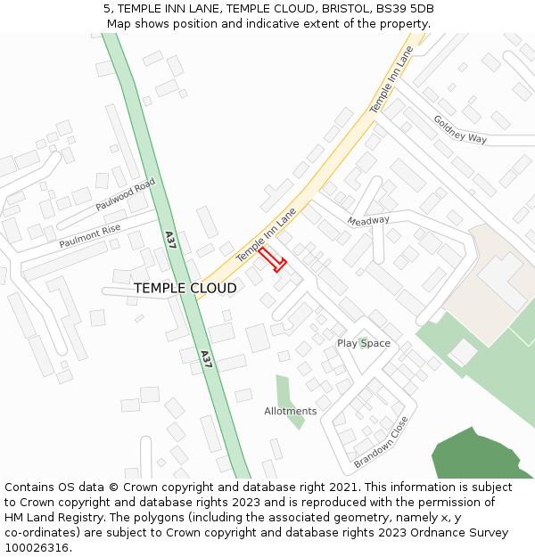 5, TEMPLE INN LANE, TEMPLE CLOUD, BRISTOL, BS39 5DB: Location map and indicative extent of plot