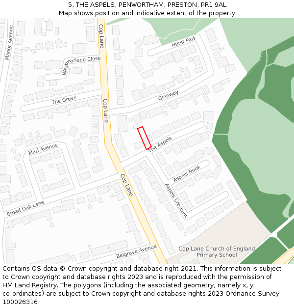 5, THE ASPELS, PENWORTHAM, PRESTON, PR1 9AL: Location map and indicative extent of plot