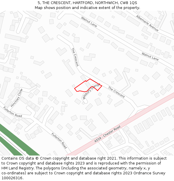 5, THE CRESCENT, HARTFORD, NORTHWICH, CW8 1QS: Location map and indicative extent of plot