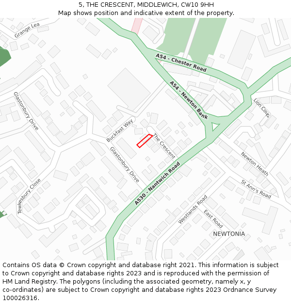 5, THE CRESCENT, MIDDLEWICH, CW10 9HH: Location map and indicative extent of plot