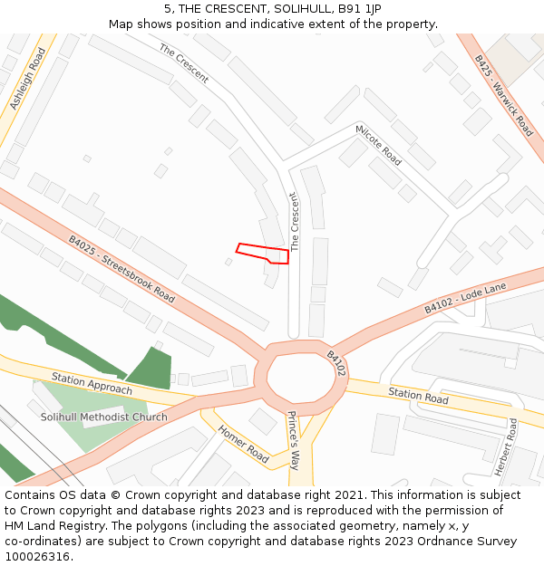 5, THE CRESCENT, SOLIHULL, B91 1JP: Location map and indicative extent of plot