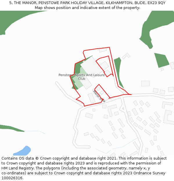 5, THE MANOR, PENSTOWE PARK HOLIDAY VILLAGE, KILKHAMPTON, BUDE, EX23 9QY: Location map and indicative extent of plot