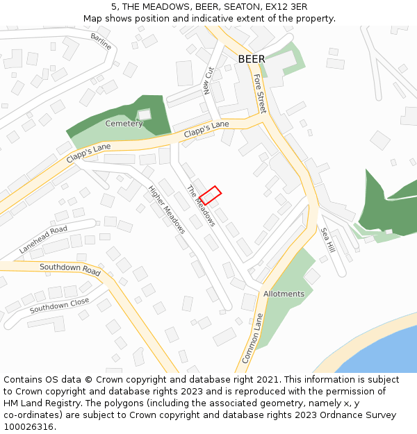 5, THE MEADOWS, BEER, SEATON, EX12 3ER: Location map and indicative extent of plot