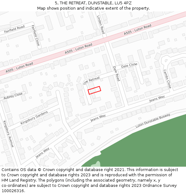 5, THE RETREAT, DUNSTABLE, LU5 4PZ: Location map and indicative extent of plot