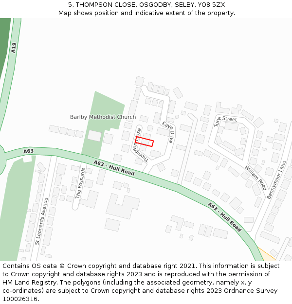 5, THOMPSON CLOSE, OSGODBY, SELBY, YO8 5ZX: Location map and indicative extent of plot