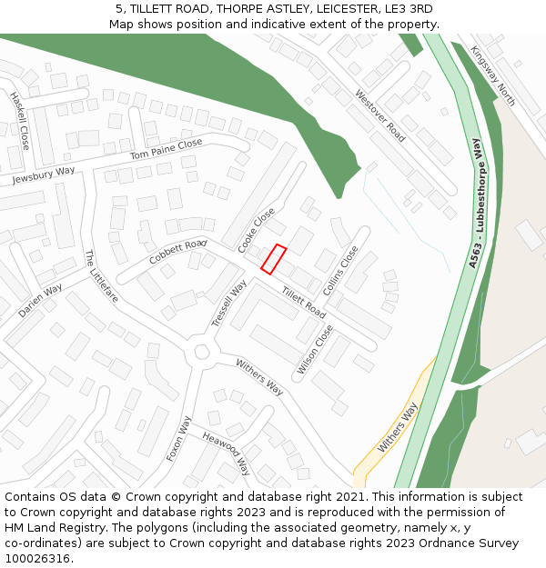 5, TILLETT ROAD, THORPE ASTLEY, LEICESTER, LE3 3RD: Location map and indicative extent of plot