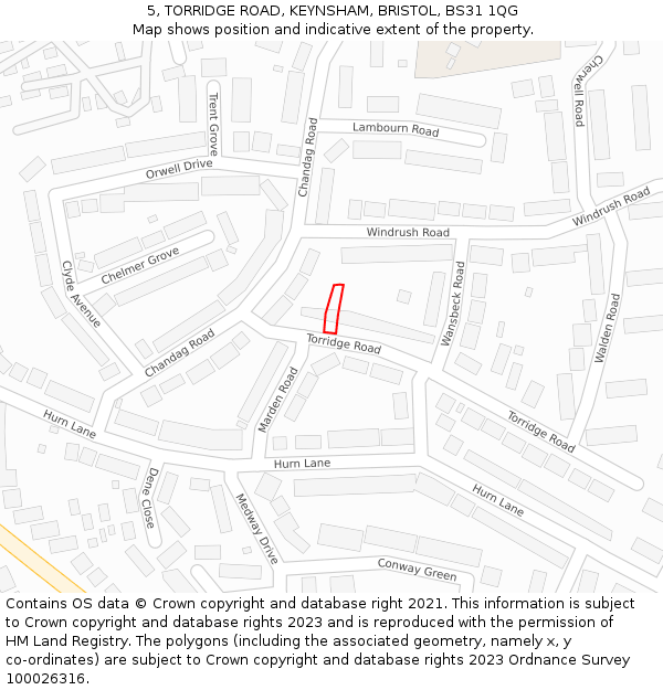 5, TORRIDGE ROAD, KEYNSHAM, BRISTOL, BS31 1QG: Location map and indicative extent of plot