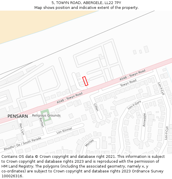 5, TOWYN ROAD, ABERGELE, LL22 7PY: Location map and indicative extent of plot