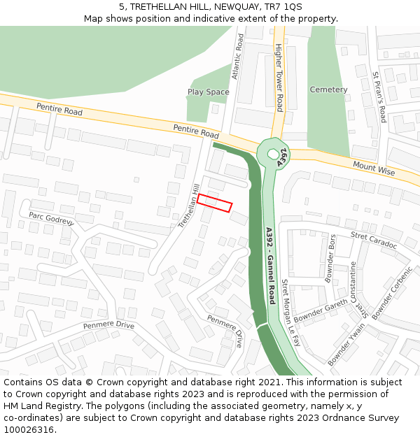 5, TRETHELLAN HILL, NEWQUAY, TR7 1QS: Location map and indicative extent of plot