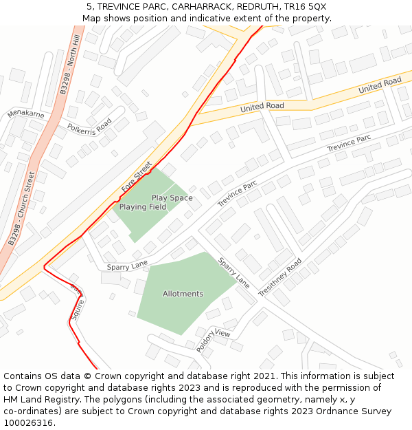 5, TREVINCE PARC, CARHARRACK, REDRUTH, TR16 5QX: Location map and indicative extent of plot