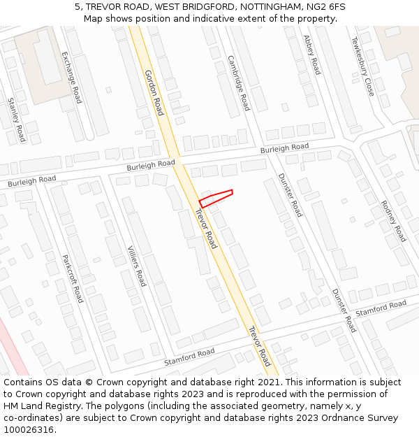 5, TREVOR ROAD, WEST BRIDGFORD, NOTTINGHAM, NG2 6FS: Location map and indicative extent of plot