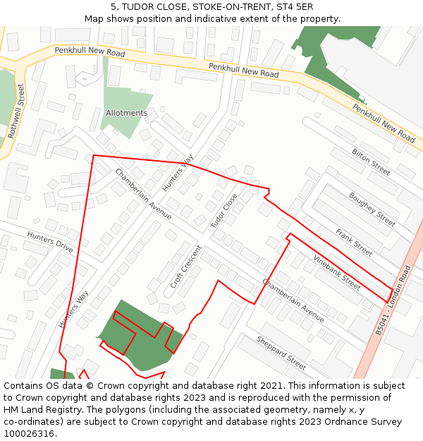 5, TUDOR CLOSE, STOKE-ON-TRENT, ST4 5ER: Location map and indicative extent of plot