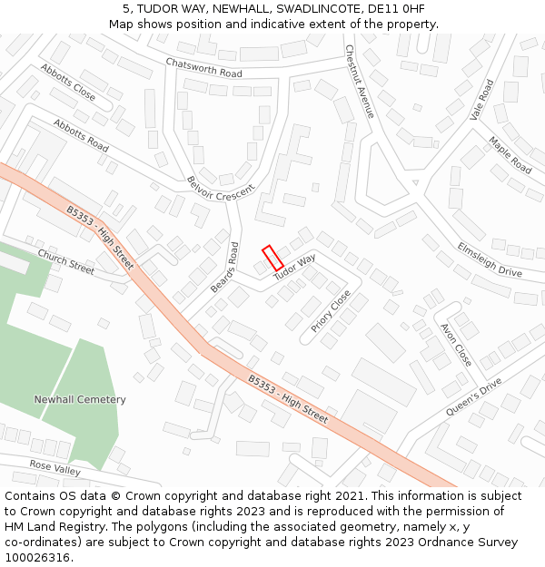 5, TUDOR WAY, NEWHALL, SWADLINCOTE, DE11 0HF: Location map and indicative extent of plot