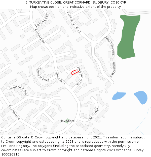 5, TURKENTINE CLOSE, GREAT CORNARD, SUDBURY, CO10 0YR: Location map and indicative extent of plot