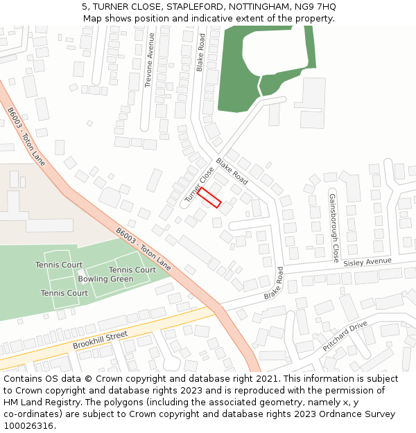 5, TURNER CLOSE, STAPLEFORD, NOTTINGHAM, NG9 7HQ: Location map and indicative extent of plot