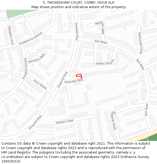 5, TWICKENHAM COURT, CORBY, NN18 0LA: Location map and indicative extent of plot