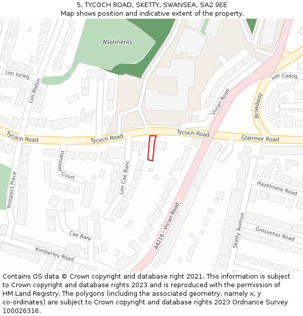 5, TYCOCH ROAD, SKETTY, SWANSEA, SA2 9EE: Location map and indicative extent of plot