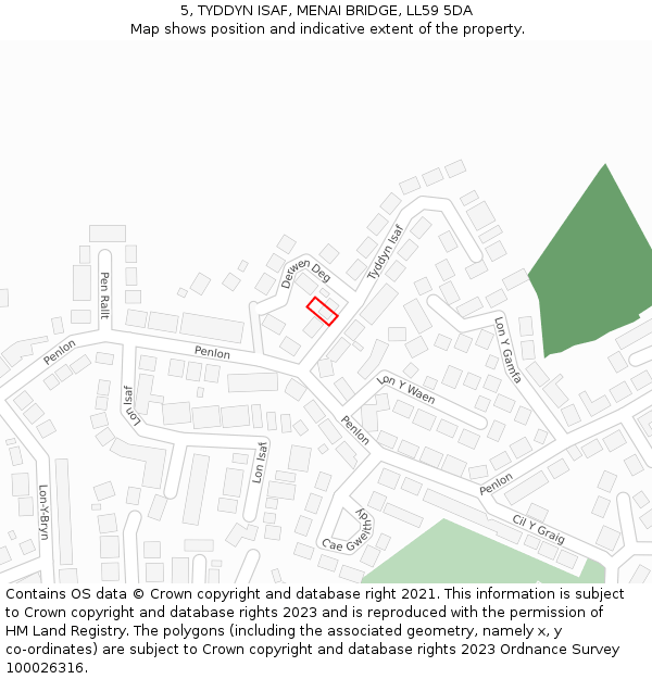 5, TYDDYN ISAF, MENAI BRIDGE, LL59 5DA: Location map and indicative extent of plot